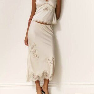 LoveShackFancy Ivory Vivia Satin Lace Midi Skirt